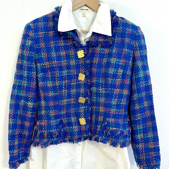 Maggy London Jackets & Blazers - Vintage Bright Blue Plaid Neon Pink Green Business Fringe Blazer Suit Coat